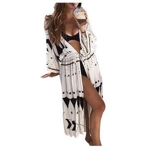 Triangle Print Long Kimono Beach Cover Up